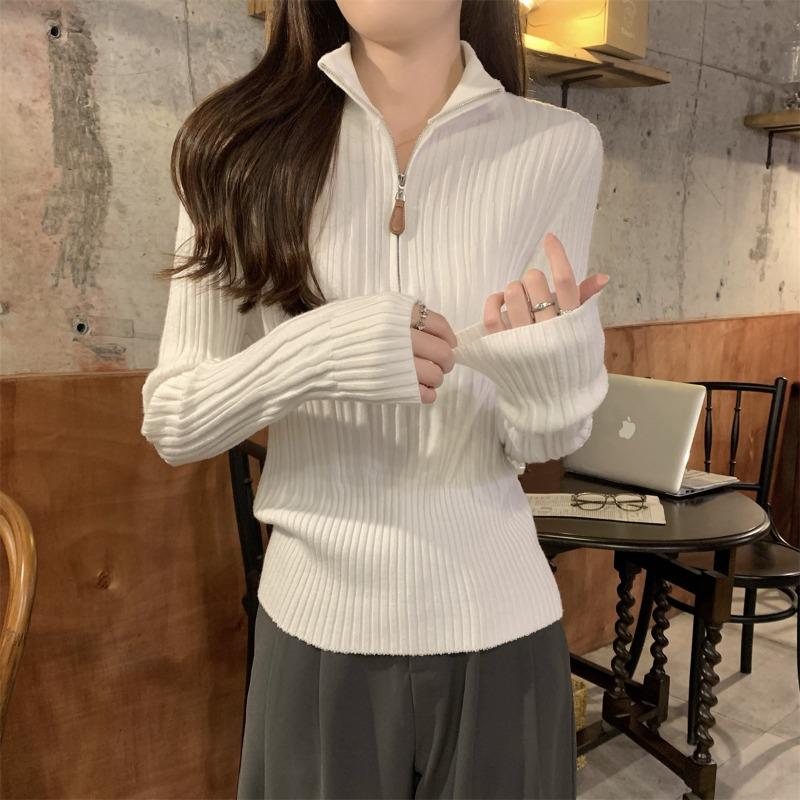 Pit Strip Sweater Women's Autumn and Winter New Slim-fit Zipper Semi-turtleneck Knitted Bottoming Shirt Top