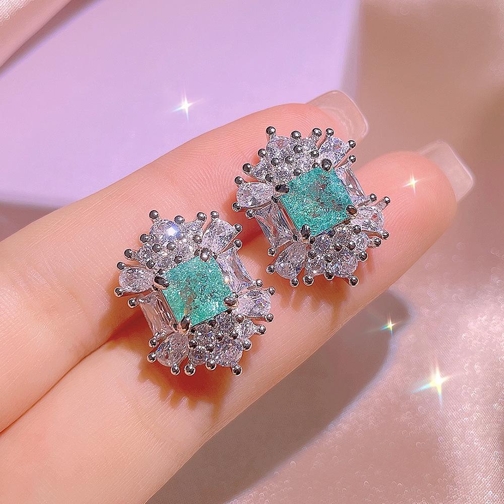 Exquisite Jewelry Set Paraípa Crown Square Stud Earrings Flower Zircon Ring Women's Three-piece Party Wedding Birthday Gift