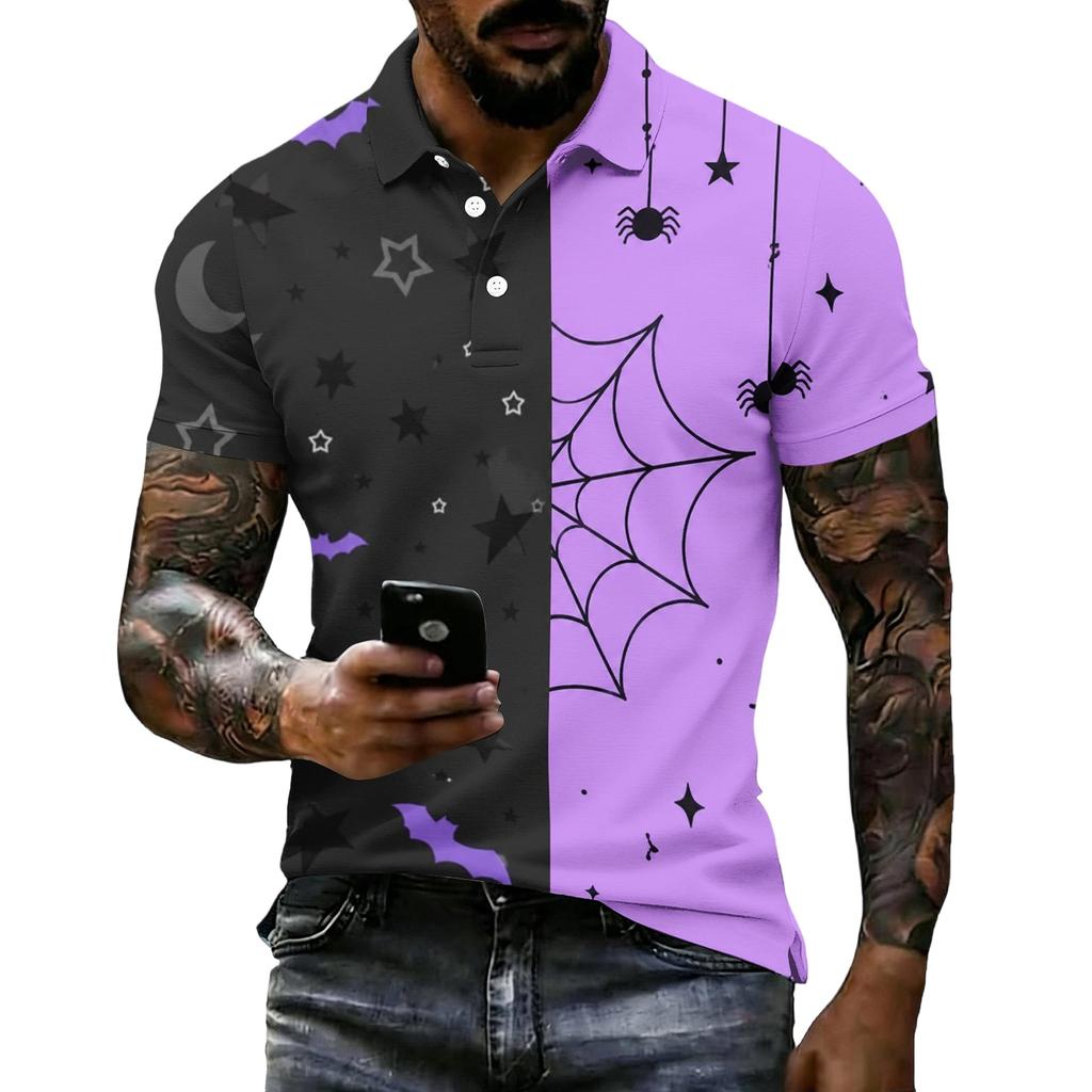 Unisex Loose Fit Casual Short Sleeve Polo Shirt with Halloween Themed Print for Everyday and Seasonal Wear