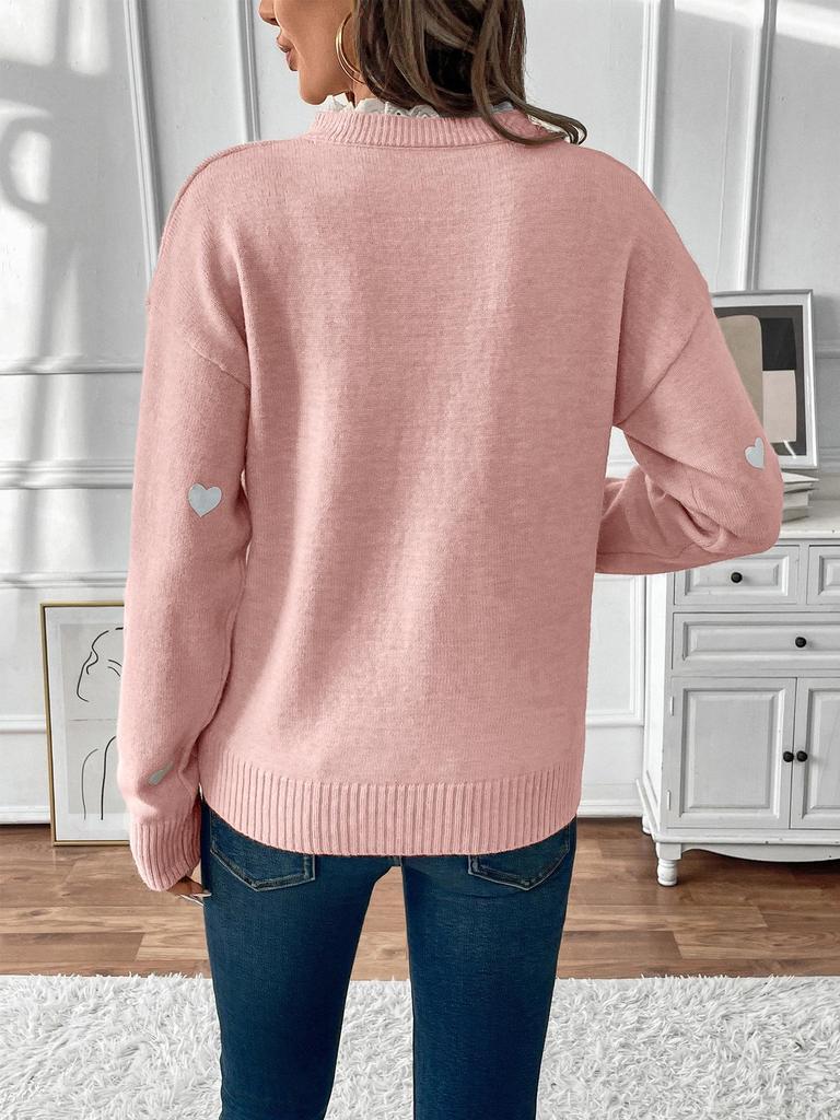 Women's V-Neck Heart Pattern Sweater - New for Autumn/Winter 2026, Casual Patchwork Long Sleeve Knit Top