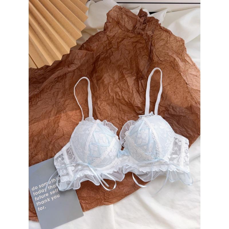 Women Cute Pink White Lace Wireless Bra with Ruffle Trim and Ribbon Ties S синий