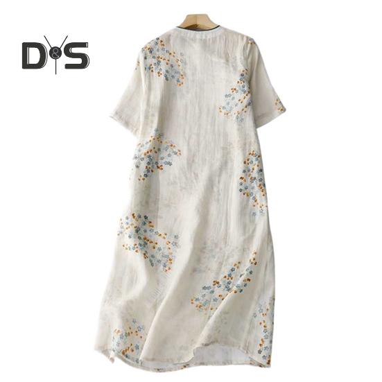 Vestido Midi Cheongsam Qipao Vintage com Estampa Floral para Mulheres Solto Manga Curta Estilo Chinês com Bolsos para Casamento