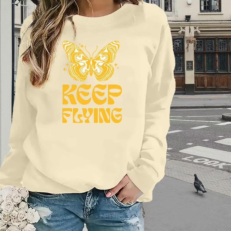 

Топы для женщин с принтом бабочек и надписей, круглым вырезом и длинным рукавом, футболка, осенний повседневный тонкий пуловер, женский топ с длинным рукавом 8XL бежевый