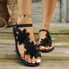 Women's Summer Flat Sandals Slip On Toe Loop Elastic Band Casual Outdoor Beach Footwear with Floral Applique Design