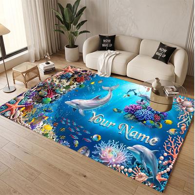 Tapis Doux en Velours Cristal Thème Océan Poissons Impression Personnalisée Nom et Texte Tapis de Sol Antidérapant pour Chambre à Coucher Salon