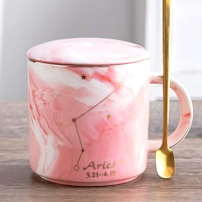 400ML Twelve Constellation Marble Cup with Cover Long Spoon Ceramic Party Tableware Set Porcelain Breakfast Coffee Mug Cup