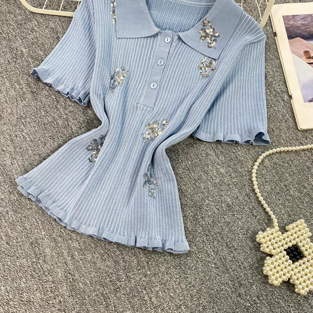 Summer Women Polo Collar Short Sleeve Sequined Flower Knitted Sweater Pullover Tops For Student Girls