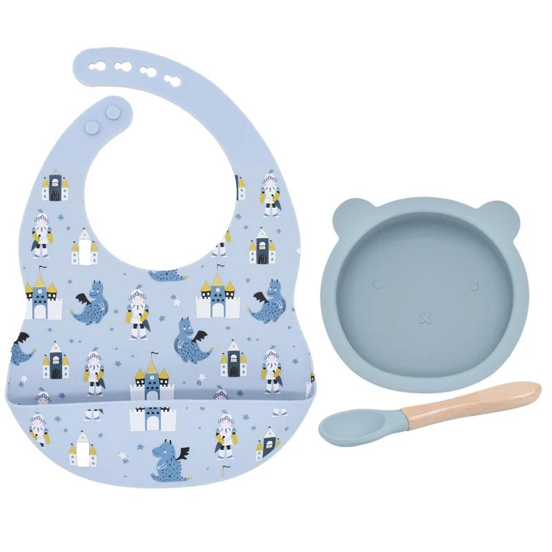 3Pcs/Set Baby Bibs Bowl Spoon Set Food Grade Silicone Baby Waterproof Plate Baby Tableware Toddler Feeding BPA FREE