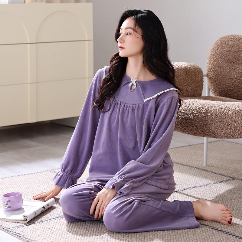 

2024 Пижама Женская Островной Флис Осень И Зима Утолщенная Теплая Коралловый Флис Круглый Вырез Пуловер Комплект Домашней Одежды 2XL