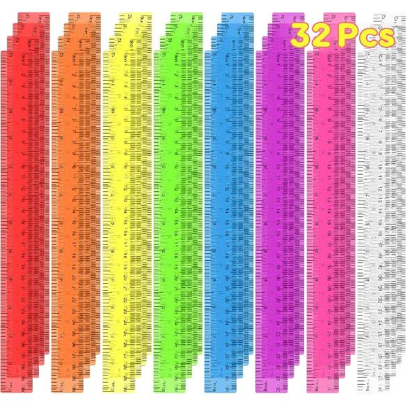 32 Pcs Clear Plastic Ruler 12 Inch, Rulers Bulk for Classroom, Transparent Assorted Color Bulk Rulers with Millimeter and Inches, Kids Ruler for