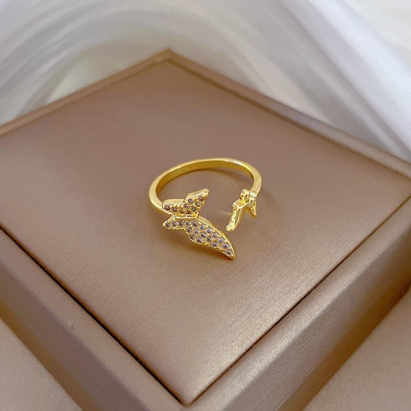 

Real Gold Electroplated Open Butterfly Women S Fashion Slightly Inlaid Light Luxury Ring Index Finger Ring With The Same Cold Wind Adjustable opening