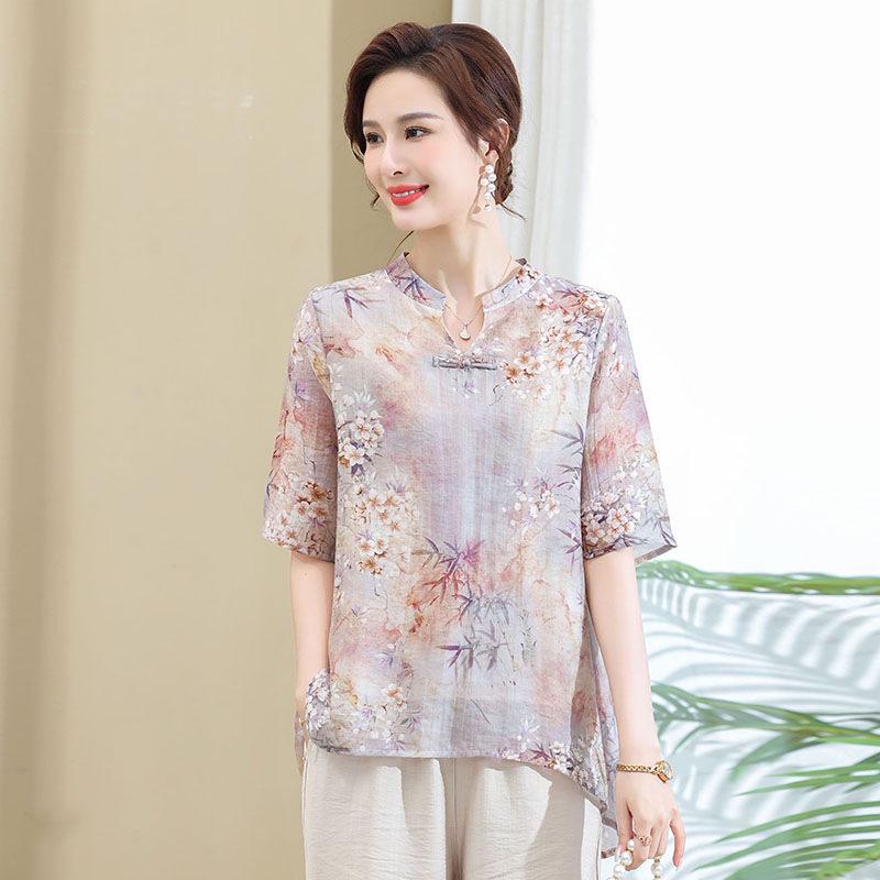 New Women's Chinese Style Summer Chiffon Shirt - Short Sleeve, Mid-Length, Printed Design