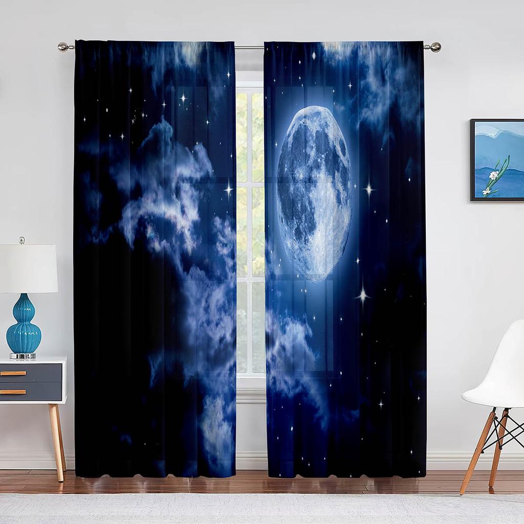 Starry Night Scenery Sky with Stars Moon Tulle Curtains for Living Room Bedroom Kitchen Decor Chiffon Sheer Voile Window Curtain