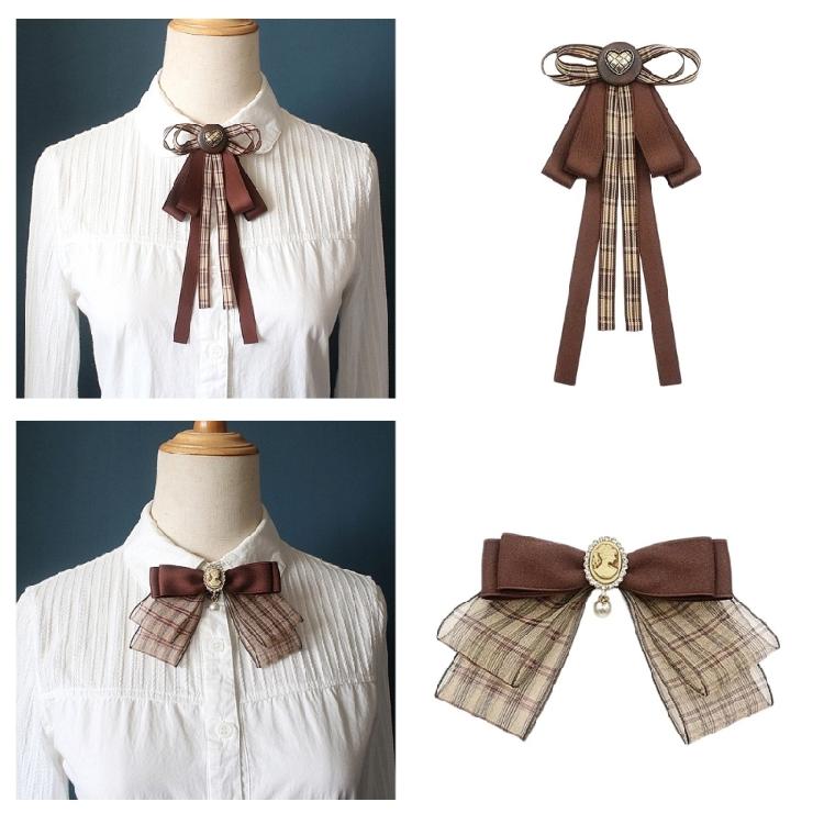 Vintage Brown Plaids Ribbon Pre Tied Bowtie Brooch Pin Women Corsage Shirt Jabot Collar Uniform Bowknot Necktie Clip