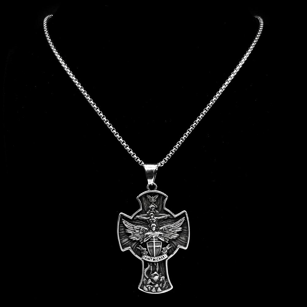Archangel St.Michael Protect Us Cross Pendant Necklace for Women Men Stainless Steel Silver Color Saint Michael Chain Jewelry