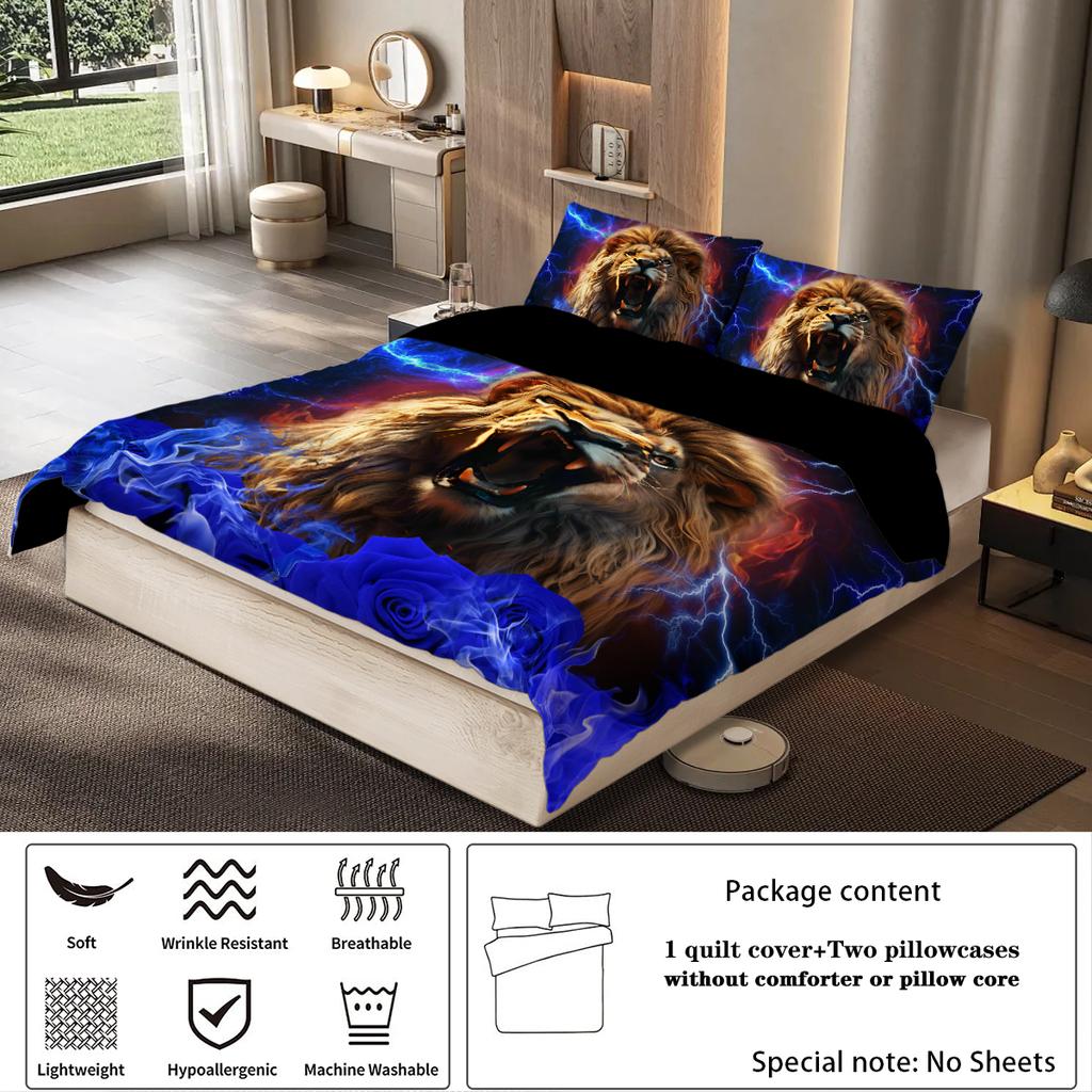 3-piece Set,lightning Lion Pattern Printed Duvet Set, Queen, King, Double Bed, Party  Funny and Creative Bedding Set