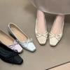 French Satin Square Head Bow Mary Jane Shoes Women's 2025 Autumn New Satin Pleated Flat Bottom Light Mouth Single Shoes