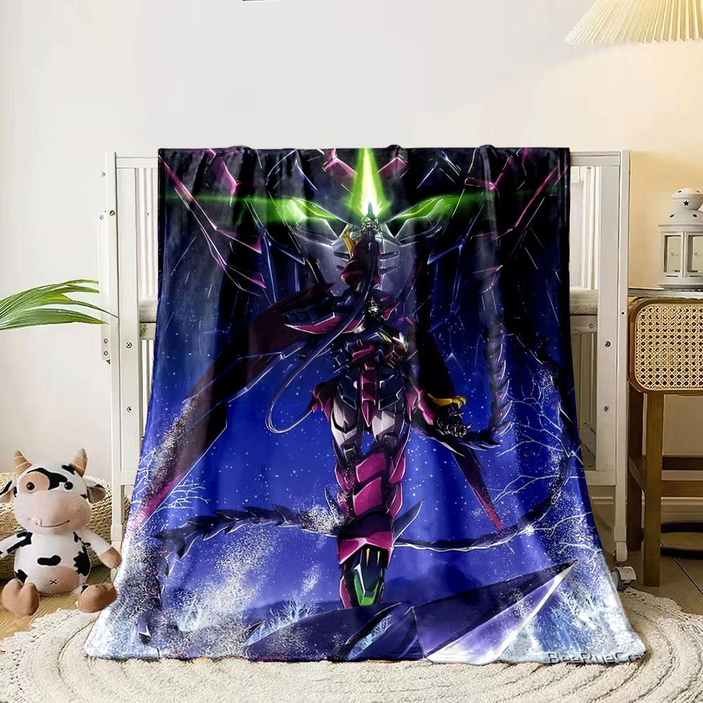 A vibrant humanoid mech wielding a glowing green sword in a snowy scene. for all seasons blanket lunch break throw gift 80cm x 120cm