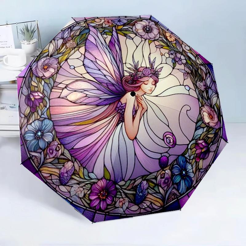 Stained Glass Fairy 8-Frame for Travel, Camping, Casual Lightweight Portable Umbrella, Essential for Every Family Holidays Birthday Gift