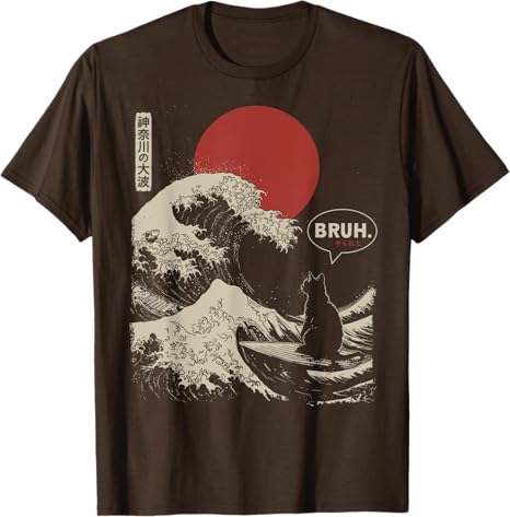 

BRUH The Great Wave Kanagawa Funny Japanese Surfing Cat TShirt Womens Fashion Kitty Y2k Design Graphic Outfit Saying Tee 4XL