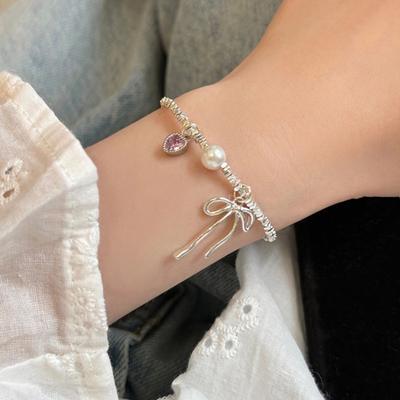 Bowknot Charm Bracelet Faux Gemstone Pink Heart Cuff Bracelet Adjustable Dainty Bracelet Elegant Wrist Jewelry for Girls Women