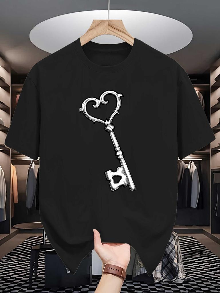 Unisex Crew Neck Tee Vintage Heart Key Retro Art Graphic Print Soft Cotton Loose Short Sleeve Summer Casual Male Streetwear Tops