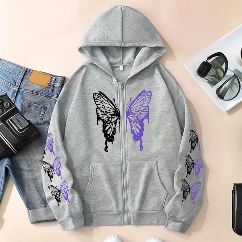 All Season Female Urban Casual Fashion Y2K Coats Arrival Women's Hoodie High Grade Butterfly Printed Zip-up Sweatshirts