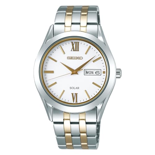 

Чоловічий годинник Seiko Selection SBPX085, Зроблено в Японії, На сонячній батареї, Пара, Сапфірове скло, Календар дати/дня тижня, Сріблястий та Жовте золото, Білий циферблат, Нерж