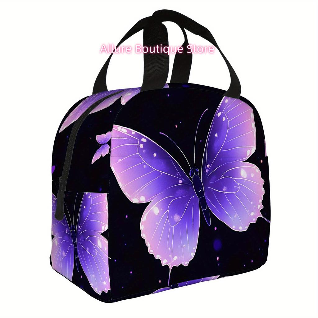 1pc, Purple Butterfly on Dark Background Printed Thermal Bag, Insulation Bag, Insulated Bag, No Food Contact, Suitable for Home,