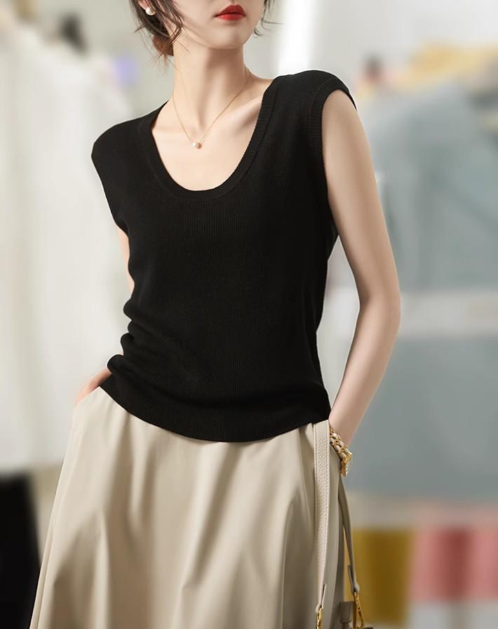 

Summer Women s U-Neck Wool Knit Fly Sleeve T-Shirt - Versatile Thin Short Sleeve Solid Color Medium