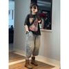 Summer Western Style Loose Printed Short-sleeved T-shirt Women's Fashion High-waisted Jeans Two-piece Suit