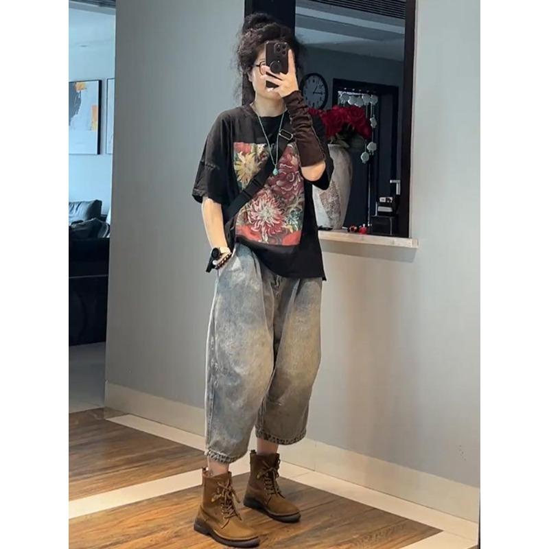 Summer Western Style Loose Printed Short-sleeved T-shirt Women's Fashion High-waisted Jeans Two-piece Suit