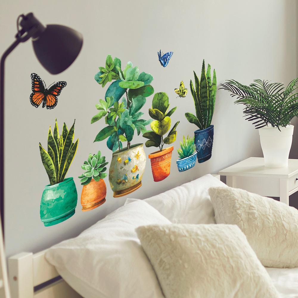 Bemalte künstliche Pflanze Topfpflanzen und Schmetterling Wohnzimmer Zuhause Wanddekoration Aufkleber
