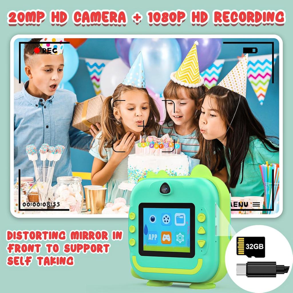 Instant Print Camera for Kids, Inkless Sticker Printer for Girls Boys Age 3-12, 20MP HD Digital Video Cameras, Mini Thermal Printer Kid Toy
