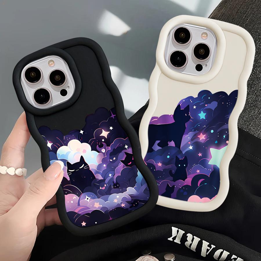 Case for iPhone 16 Pro Max XR 17 Air 15 Plus 8 13 11 12 14 Soft Phone Cover Black Cat Starry Night