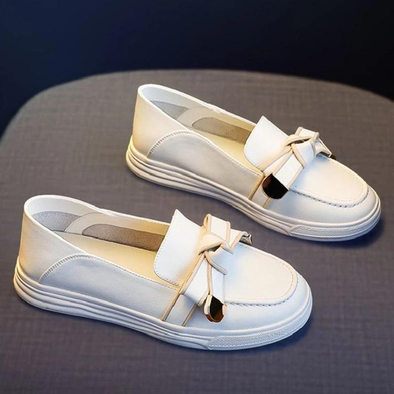 

Обычная кожа Повседневная женская обувь Балетки с бантом Лоферы Офисный белый Плоские мокасины Туфли для женщин Круглый носок Стильные L 39 A 40