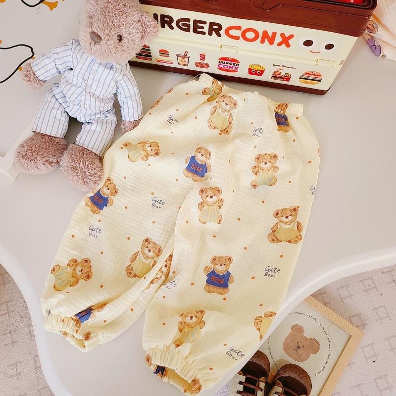 Kids Summer Double Layer Cotton Gauze Mosquito Pants Cartoon Casual Air Conditioner Trousers Boys Girls Breathable Home Wear 80