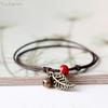 Ethnic Style Anklet For Women Vintage Bronze Leaf & Bell With Colorful Ceramic Bead Pendant On Leather Rope
