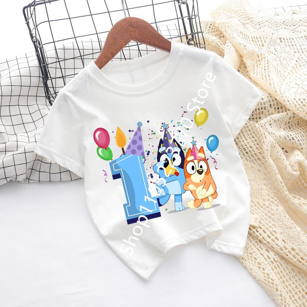 Bluey Baby Birthday T Shirt for Boys Girl Bingo Number Kids Clothes Summer Cartoon Letter Tees Shirts Toddler Short Sleeve Tops