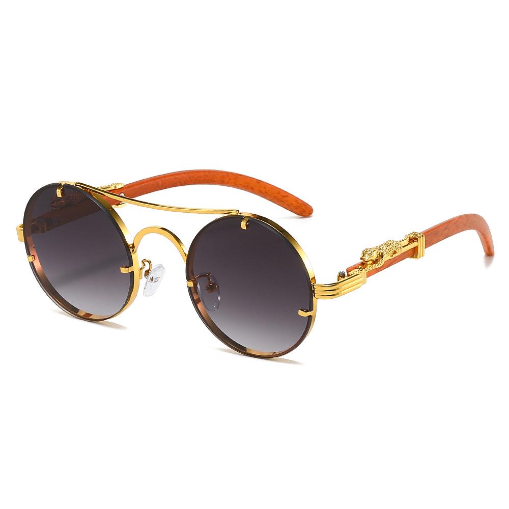 Cross-Border Retro Double-Bridge Leopard Head Men's Metal Round Sunglasses