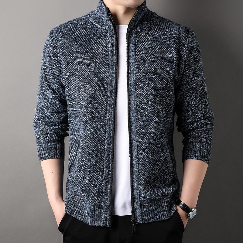 Men's Autumn and Winter Thickened Plus Size Hoodless Loose Cardigan Solid Color Casual Warm Zip Knit Outerwear