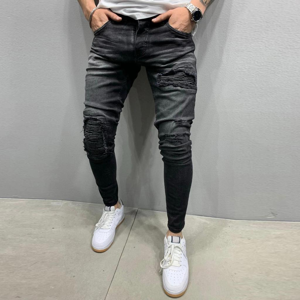 Pantaloni jeans da uomo con cerniera a righe in denim con foro vintage lavaggio hip-hop da lavoro