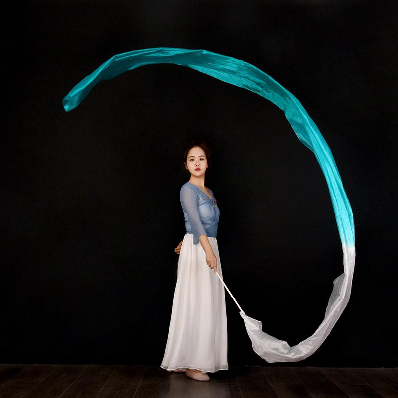 45*400cm Women Gradient Color Square Dance Belly Dance Practice Imitation Silk Streamer With Stick Chinese Style Flowy Ribbon