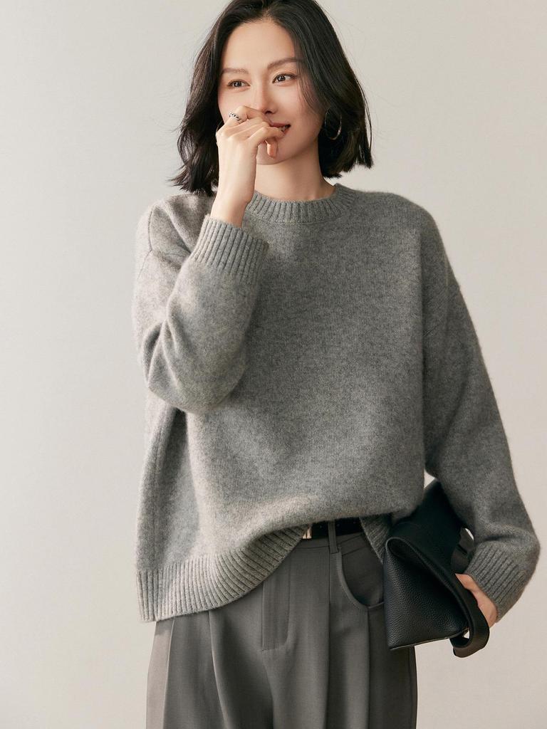 Cashmere 2025 Women's Solid Color Round Neck Thick Knit Pullover Sweater