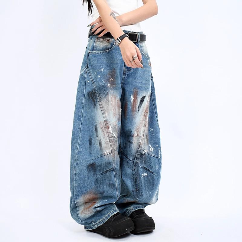 High Street American Vintage Loose Distressed Jeans for Women - Washed Retro Autumn Hip Hop Jazz Pants XL