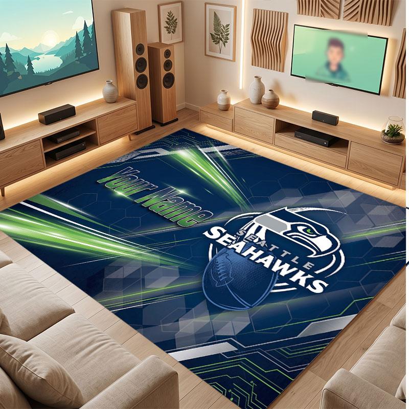 Tappeto in Cristallo Vellutato Personalizzato Seattle Seahawks, Tappeto Morbido Antiscivolo con Testo Nome Personalizzato per Soggiorno Camera da Letto