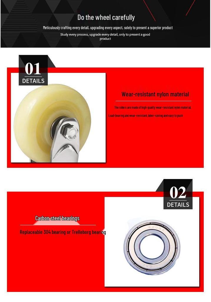 Heavy-Duty Rust-Proof 304 Stainless Steel Casters: 4, 5, 6, 8-inch Swivel Nylon Wheels, Super Wear-Resistant Trolley.