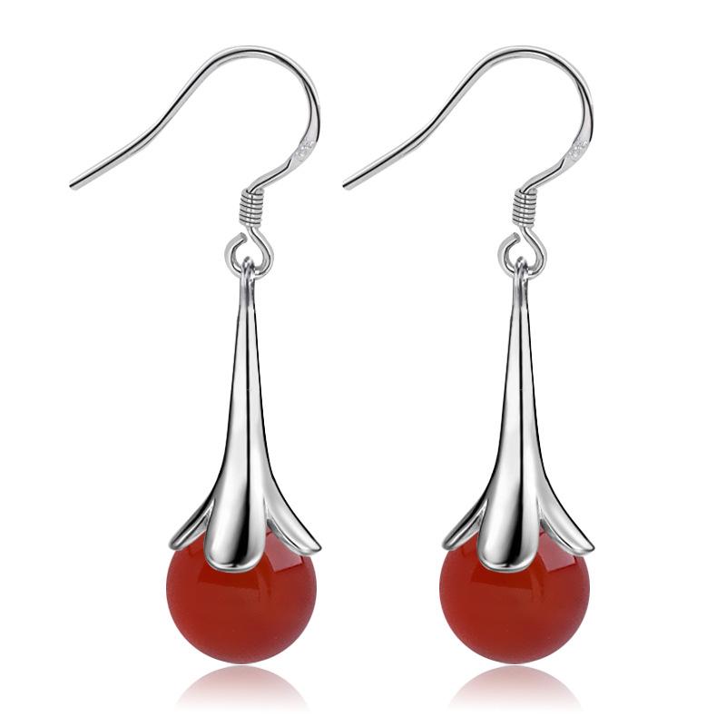 Retro Korean Style Red Corundum Agate Lace Trumpet Flower Earrings