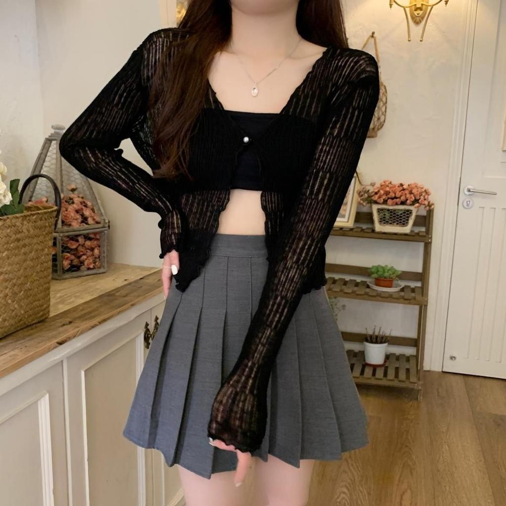 Summer Thin Sun Protection Coat Short Knit Cardigan Hollow Out V-neck Long Sleeve Shawl Top Air Conditioning Cover Up