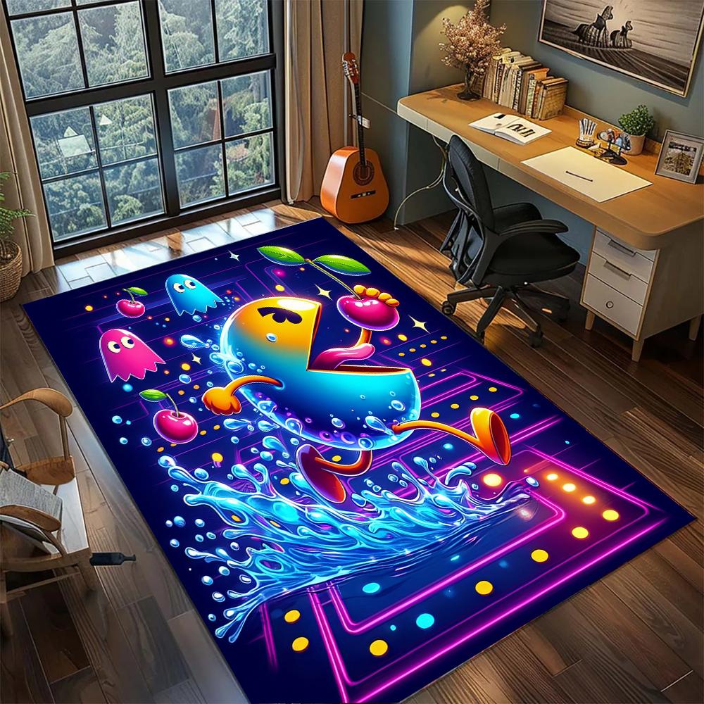 Neonový Pac-Man Glow Styl Herní Podlahový Koberec Koberec Velký Plošný Koberec Protiskluzová Omyvatelná Podlahová Rohožka Herní Pokoj Ložnice Domácí Dekorace